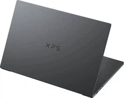 Dell XPS 16 shown from the rear with its dark finish and XPS logo
